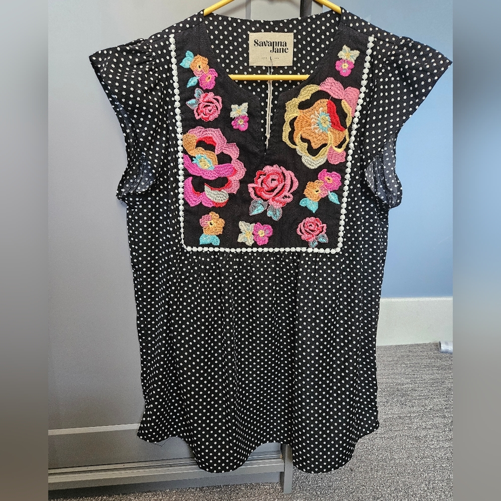 Savanna Jane Black Polka Dot Blouse with Floral Embroidery